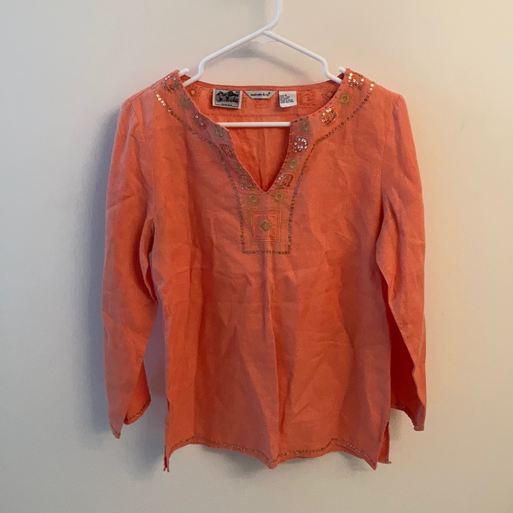 Irish Linen Malcolm & Co peach/orange boho/indie shirt with rhinestone